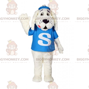 Kostým maskota BIGGYMONKEY™ Bílý pes s modrým tričkem –