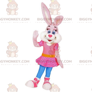 Pink og hvid kanin BIGGYMONKEY™ maskotkostume med lyserød kjole