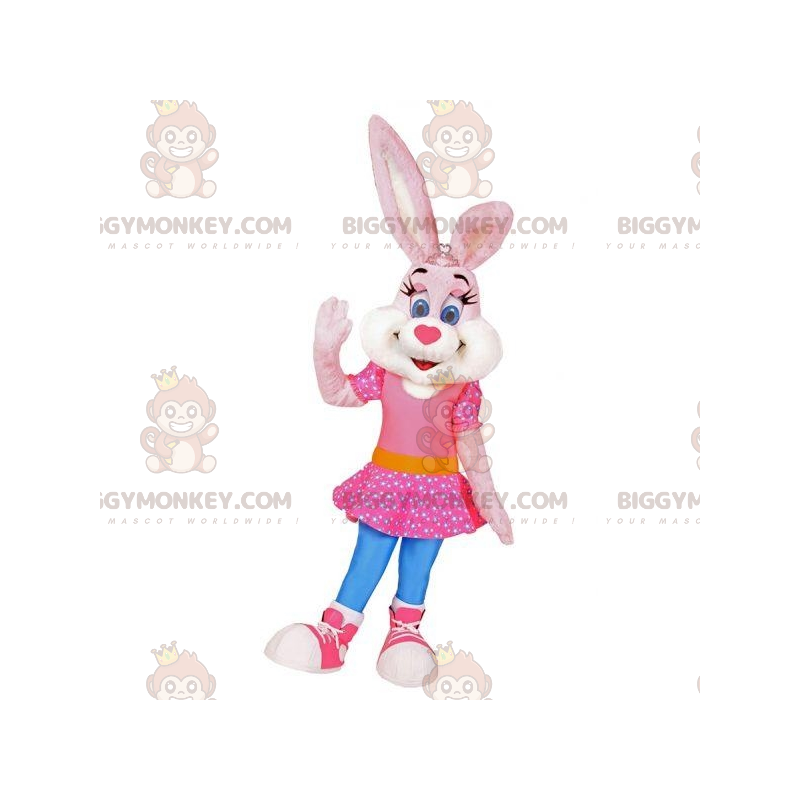 Roze en wit konijn BIGGYMONKEY™ mascottekostuum met roze jurk - Roze en wit konijn BIGGYMONKEY™ mascottekostuum met roze jurk -
