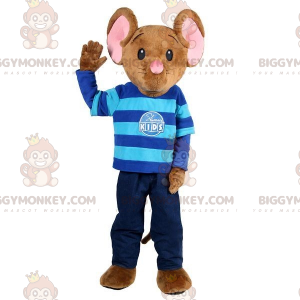 Καφέ και ροζ ποντίκι BIGGYMONKEY™ μασκότ στολή με μπλε στολή -
