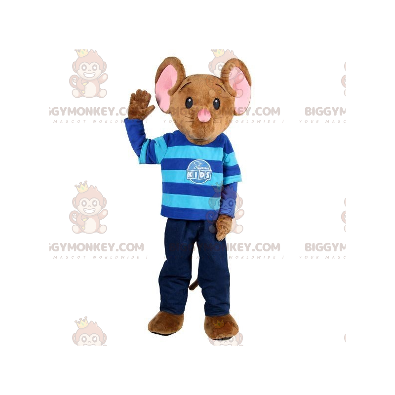Disfraz de mascota de ratón marrón y rosa BIGGYMONKEY™ con traje azul - Mascota del ratón - BIGGYMONKEY_07759 - BiggyMonkey.com