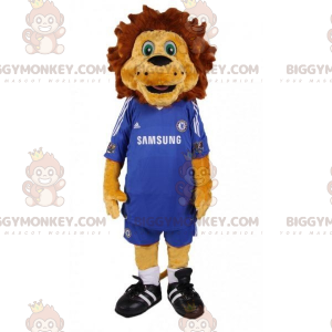BIGGYMONKEY™ Brun løvemaskotkostume med blåt fodboldtøj -