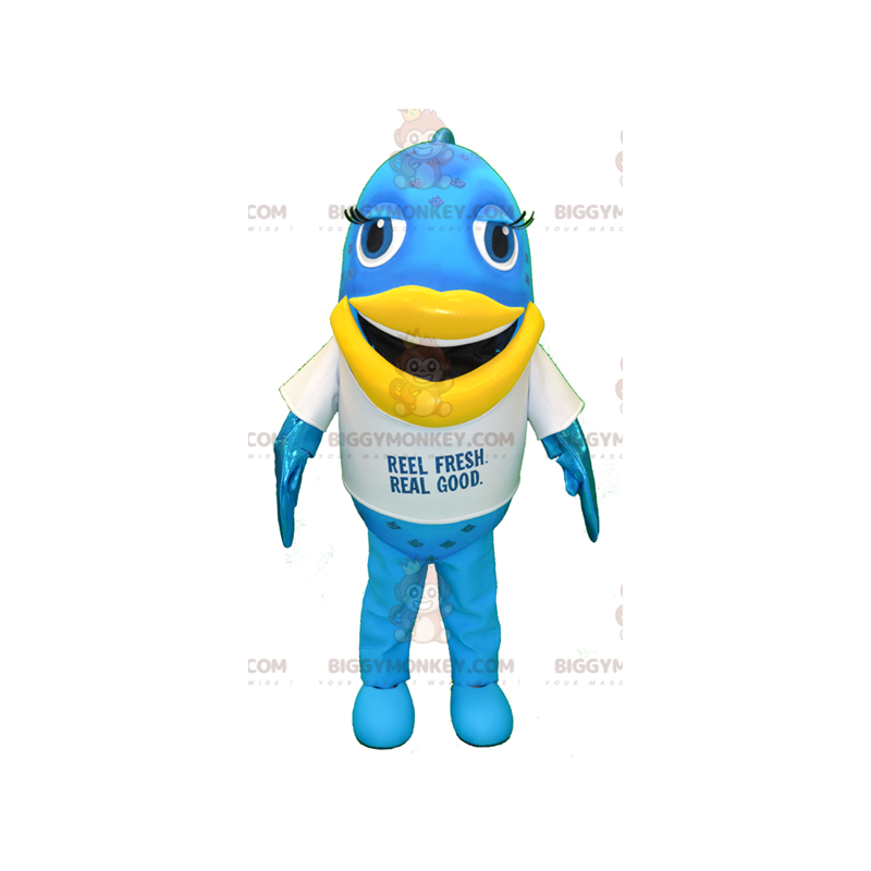 Sininen ja keltainen Big Fun Fish BIGGYMONKEY™ maskottiasu - Sininen ja keltainen Big Fun Fish BIGGYMONKEY™ maskottiasu -