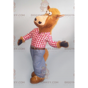 Brown Horse BIGGYMONKEY™ Mascot Costume with Plaid Shirt and