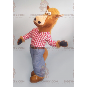Bruin paard BIGGYMONKEY™ mascottekostuum met geruit overhemd en jeans - Paard mascottes - BIGGYMONKEY_0919 - BiggyMonkey.com