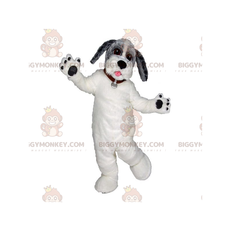 Kostium maskotki biało-szaro-czarny pies BIGGYMONKEY™. Piękny