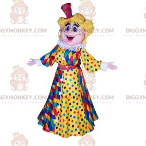 Traje de mascote de mulher loira BIGGYMONKEY™ com vestido de