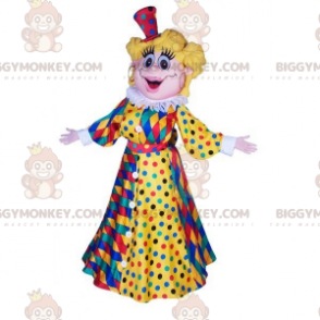 Traje de mascote de mulher loira BIGGYMONKEY™ com vestido de