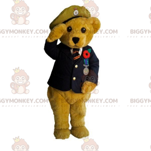 Traje de mascote BIGGYMONKEY™ ursinho bege em uniforme militar