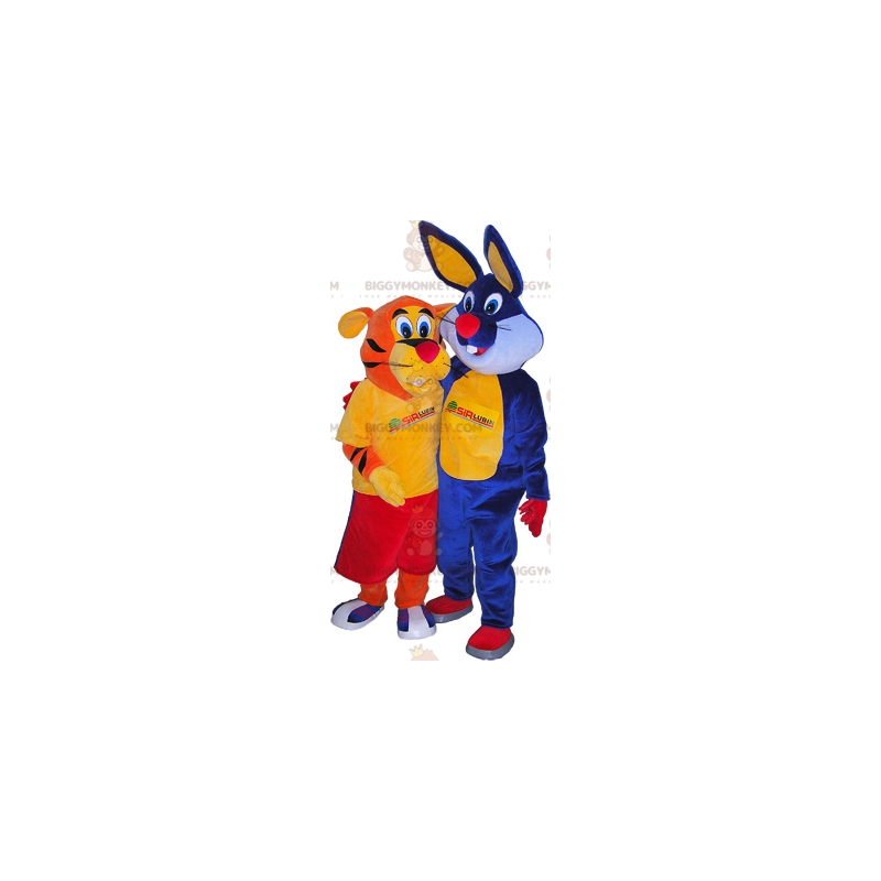 2 BIGGYMONKEY™s maskot en oransje tiger og en blå kanin - Kanin maskot - BIGGYMONKEY_07806 - BiggyMonkey.com