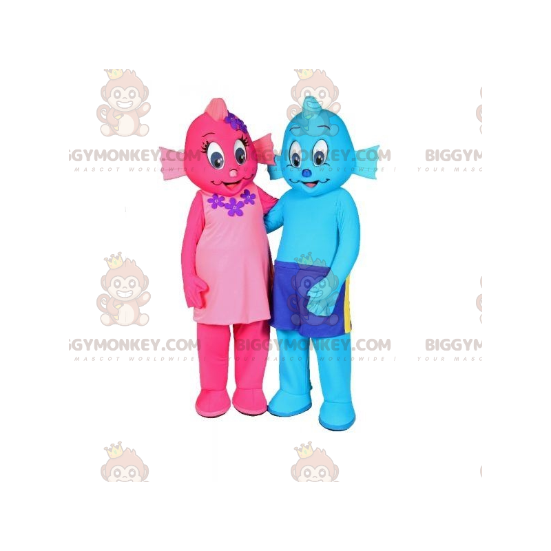 Duo de mascottes BIGGYMONKEY™ de poissons un rose et un bleu. Duo de mascottes BIGGYMONKEY™ de poissons un rose et un bleu.