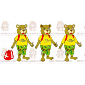 3 μασκότ με μπεζ αρκούδα BIGGYMONKEY™ ντυμένες με πολύχρωμα