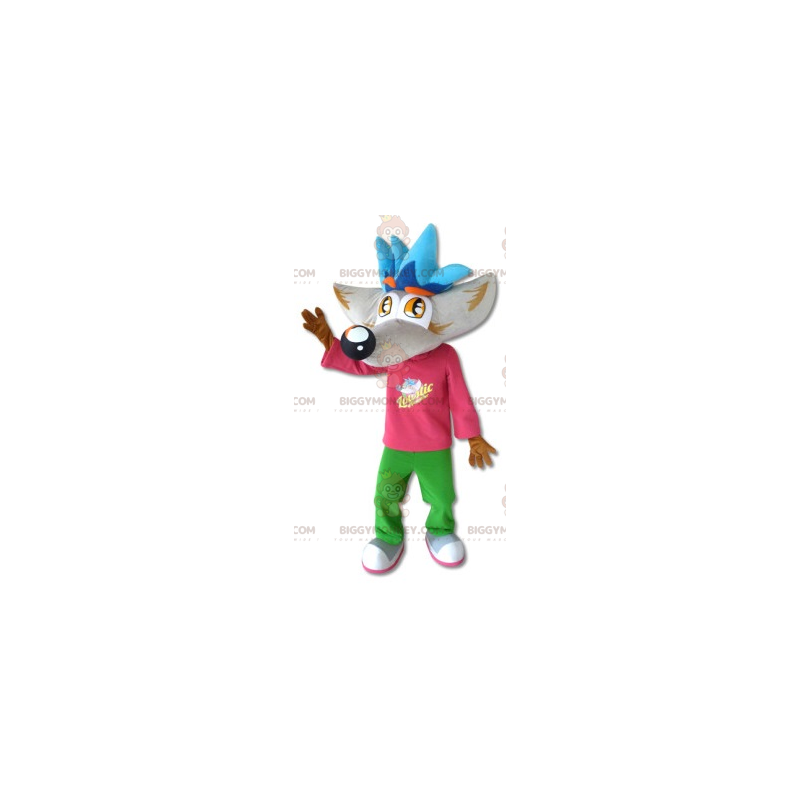 BIGGYMONKEY™ Harmaa ja ruskea susien maskottiasu värikkäällä BIGGYMONKEY™ Harmaa ja ruskea susien maskottiasu värikkäällä