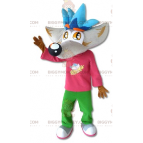BIGGYMONKEY™ grå og brun ulvemaskotkostume med farverigt outfit