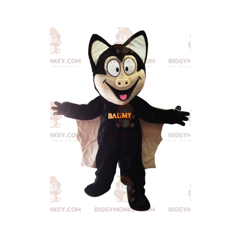 BIGGYMONKEY™ maskotdräkt av svart och brun fladdermus med stora BIGGYMONKEY™ maskotdräkt av svart och brun fladdermus med stora