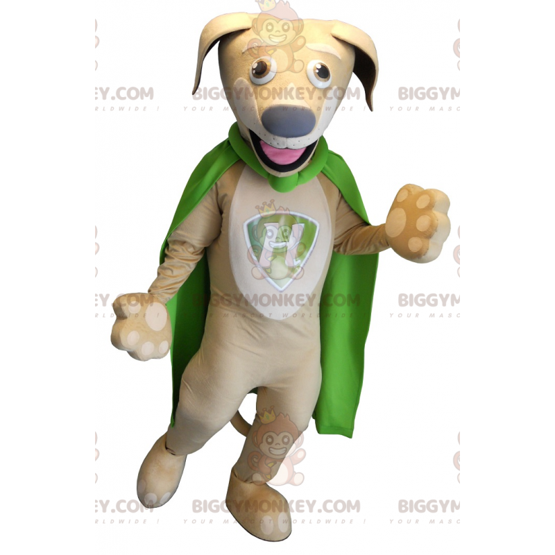 Fantasia de mascote BIGGYMONKEY™ cão bege com capa verde – Fantasia de mascote BIGGYMONKEY™ cão bege com capa verde –