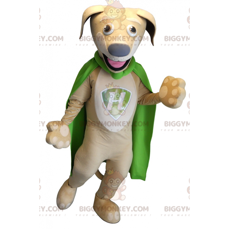 Kostium maskotki BIGGYMONKEY™ beżowy pies z zieloną peleryną -