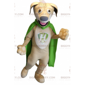 BIGGYMONKEY™ maskottiasu beige koira, jossa vihreä viitta -
