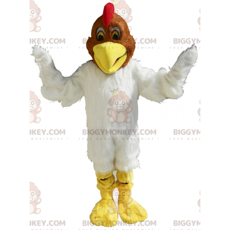 Costume de mascotte BIGGYMONKEY™ de poulet blanc et marron doux Costume de mascotte BIGGYMONKEY™ de poulet blanc et marron doux