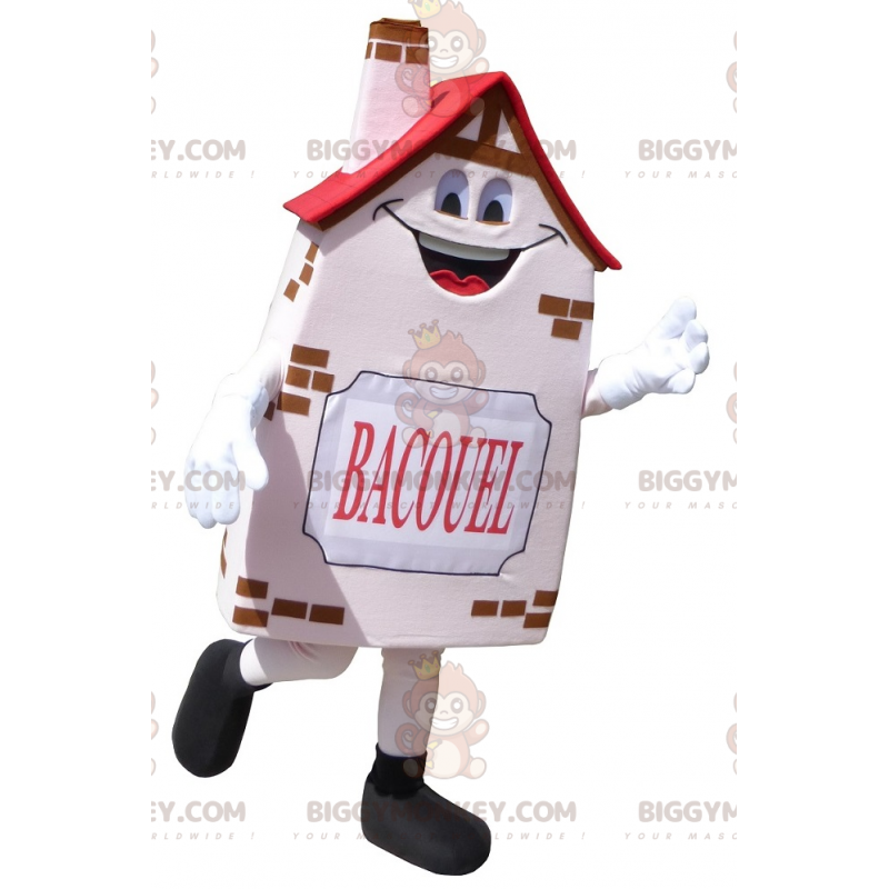 Kostium maskotki BIGGYMONKEY™ Bacouel Uśmiechnięty różowy domek Kostium maskotki BIGGYMONKEY™ Bacouel Uśmiechnięty różowy domek