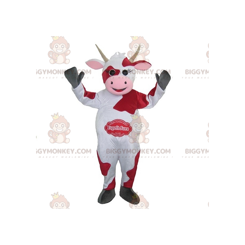 Witte en rode koe BIGGYMONKEY™ mascottekostuum. Jura Spirit