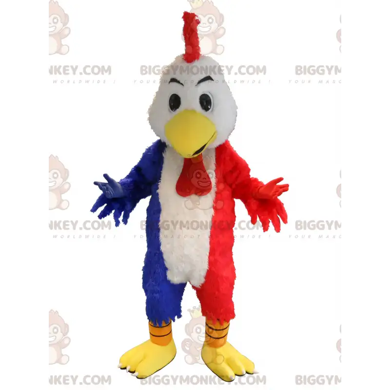 Blauw wit en rood kippenhaan BIGGYMONKEY™ mascottekostuum. - Blauw wit en rood kippenhaan BIGGYMONKEY™ mascottekostuum. -