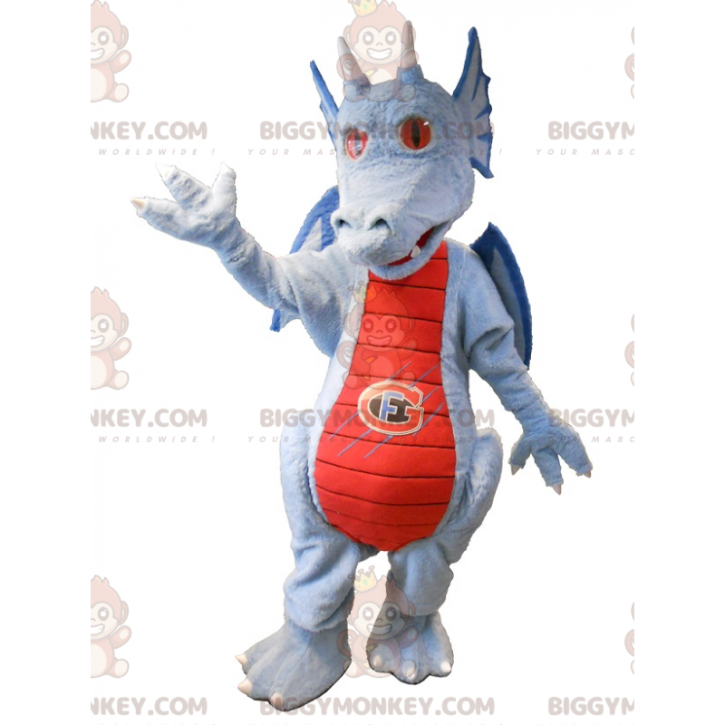 Blauwe en rode draak BIGGYMONKEY™ mascottekostuum. Fantastisch Blauwe en rode draak BIGGYMONKEY™ mascottekostuum. Fantastisch