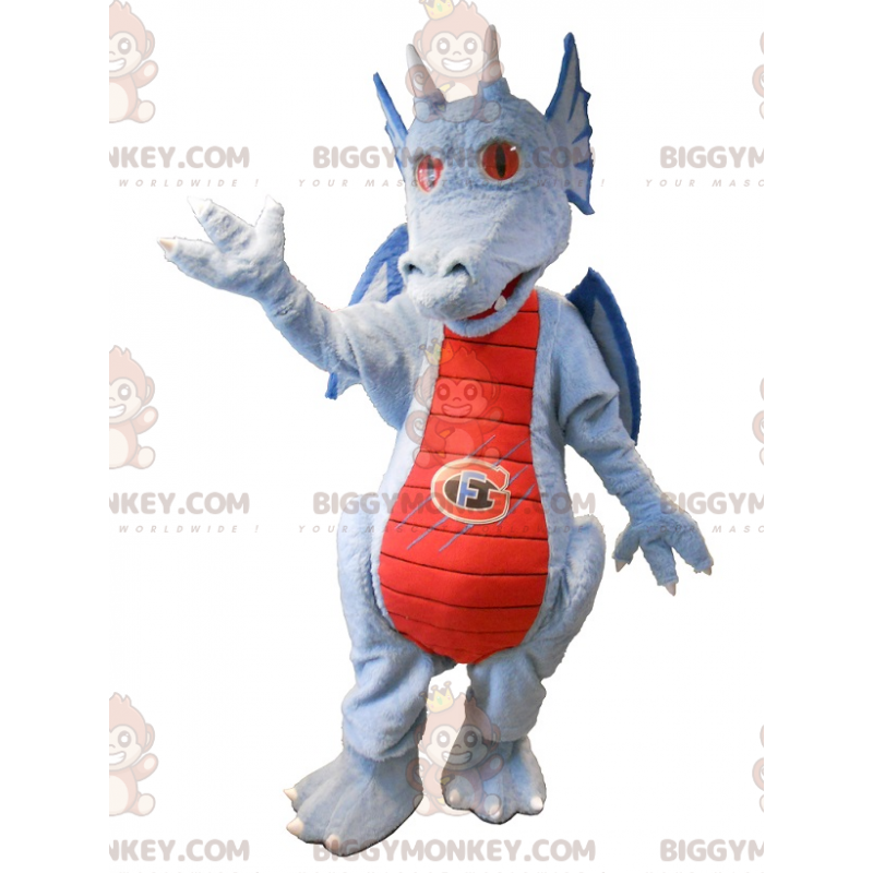 Costume de mascotte BIGGYMONKEY™ de dragon bleu et rouge.