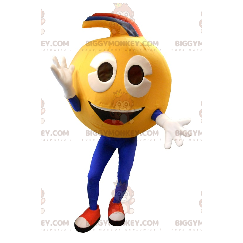 Costume de mascotte BIGGYMONKEY™ de smiley jaune très souriant. Costume de mascotte BIGGYMONKEY™ de smiley jaune très souriant.