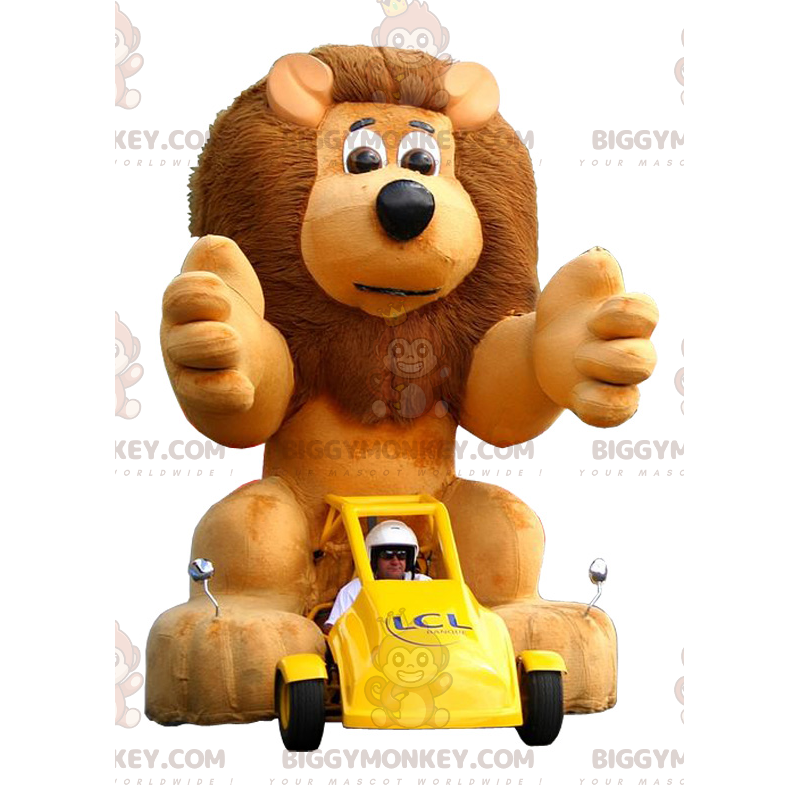 BIGGYMONKEY™ costume mascotte dell'auto gialla con un leone BIGGYMONKEY™ costume mascotte dell'auto gialla con un leone