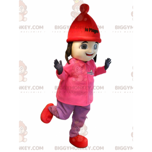 BIGGYMONKEY™ mascot costume of brunette girl in ski outfit.