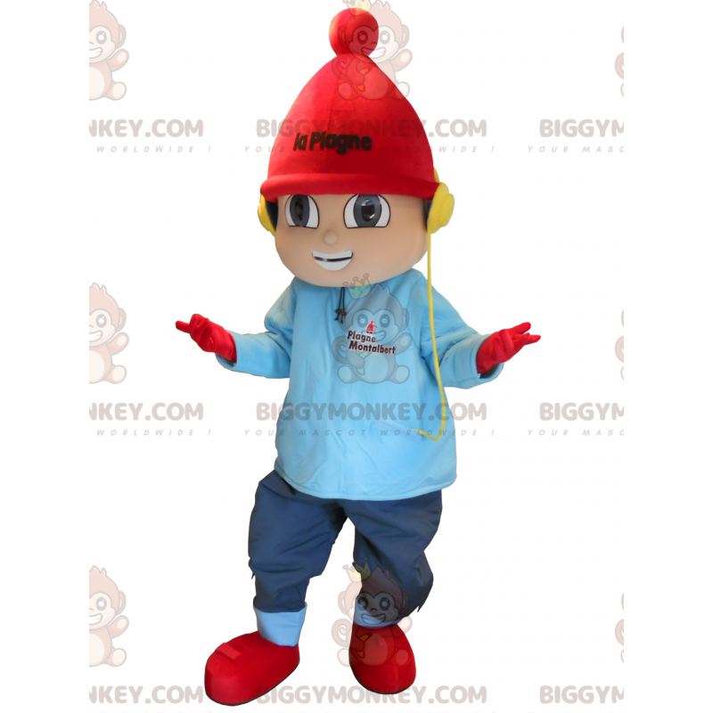 Little boy BIGGYMONKEY™ mascot costume dressed in winter gear. Little boy BIGGYMONKEY™ mascot costume dressed in winter gear.
