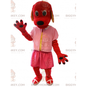 BIGGYMONKEY™ maskotdräkt av röd hund klädd i rosa. hunddräkt -