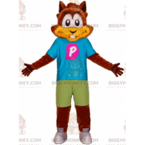 BIGGYMONKEY™ brun beverekornmaskotkostyme med fargerikt antrekk - Ekornmaskotter - BIGGYMONKEY_07957 - BiggyMonkey.com