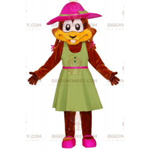 Beaver BIGGYMONKEY™ Mascot Costume with Green Dress and Hat -