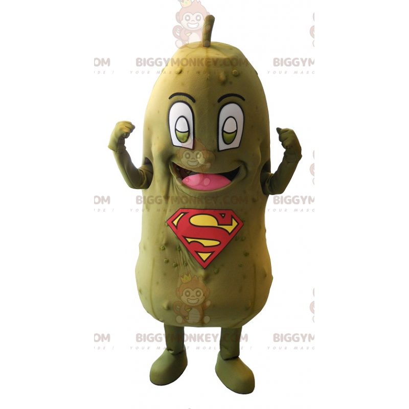 Costume de mascotte BIGGYMONKEY™ de cornichon vert avec le logo Costume de mascotte BIGGYMONKEY™ de cornichon vert avec le logo