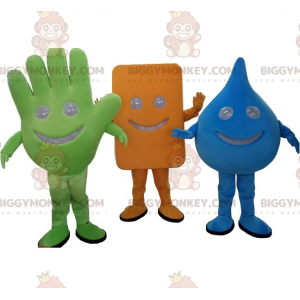 3 BIGGYMONKEY™s mascot: a green hand, a blue drop and a