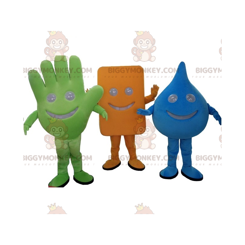3 BIGGYMONKEY™s maskot: en grøn hånd, en blå dråbe og et 3 BIGGYMONKEY™s maskot: en grøn hånd, en blå dråbe og et