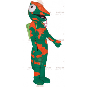 Costume da mascotte camaleonte verde e arancione dalla lingua