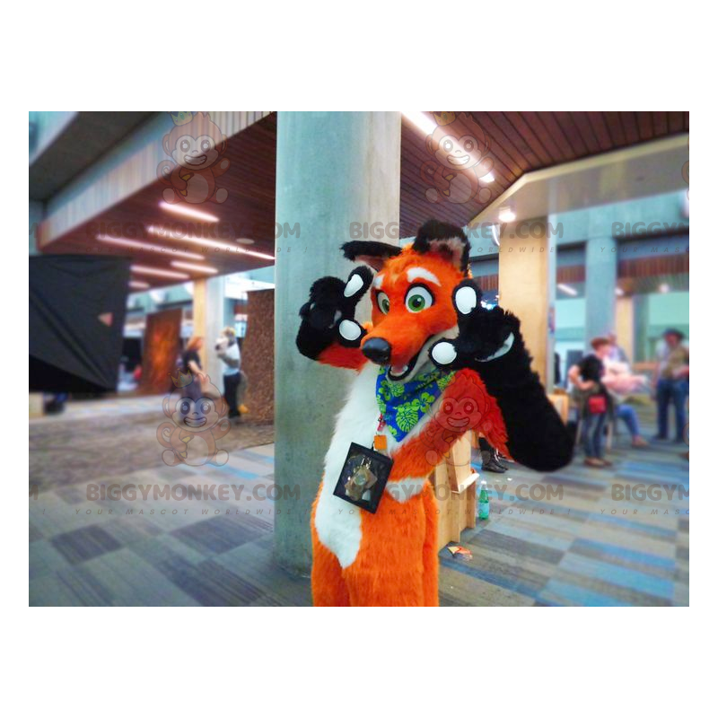Costume de mascotte BIGGYMONKEY™ de renard orange noir et blanc Costume de mascotte BIGGYMONKEY™ de renard orange noir et blanc