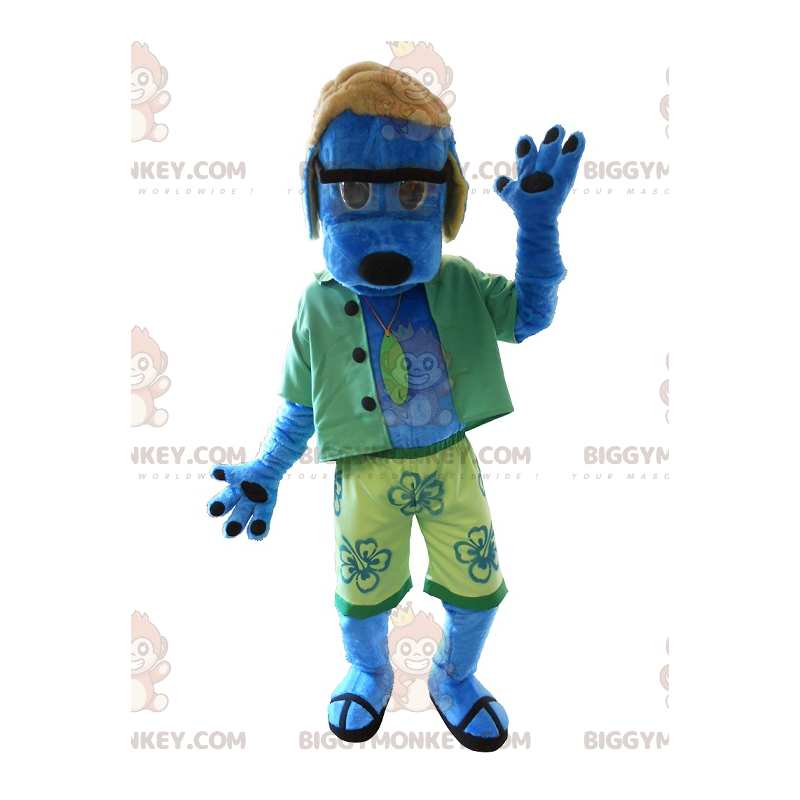 Traje de mascote Blue Dog BIGGYMONKEY™ em traje de férias.