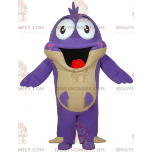 BIGGYMONKEY™ mascot costume of purple fish with a big mouth.