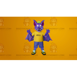 Kostým fialového a žlutého netopýra BIGGYMONKEY™ maskota