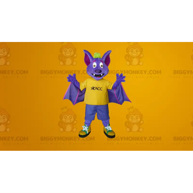 Purppura ja keltainen lepakko BIGGYMONKEY™ maskottiasu - Purppura ja keltainen lepakko BIGGYMONKEY™ maskottiasu -