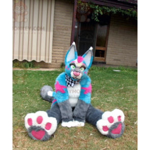 Gray Pink Blue and White Cat BIGGYMONKEY™ Mascot Costume –