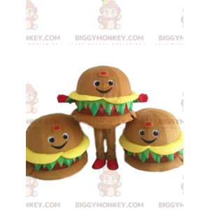 Traje de mascote de hambúrguer gigante, sorridente e apetitoso