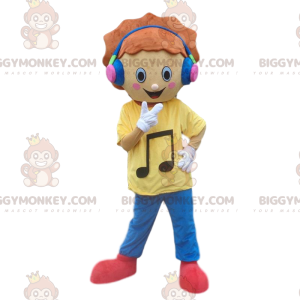 Young boy BIGGYMONKEY™ mascot costume with headphones. music