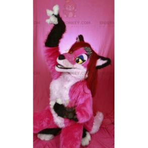 Traje de mascote BIGGYMONKEY™ de cachorro rosa branco e preto –