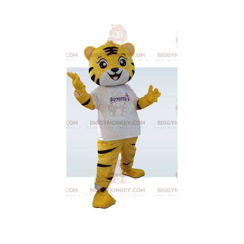 Disfraz de mascota BIGGYMONKEY™ de tigre amarillo. Traje de Disfraz de mascota BIGGYMONKEY™ de tigre amarillo. Traje de