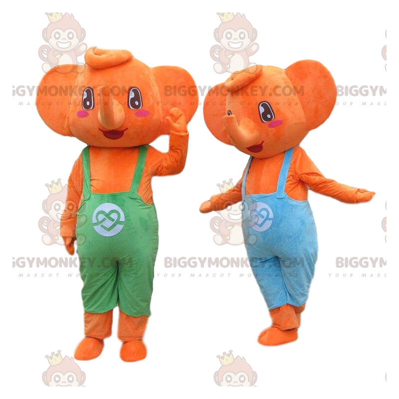 2 elefantes mascote laranja do BIGGYMONKEY™ de macacão. 2 elefantes mascote laranja do BIGGYMONKEY™ de macacão.